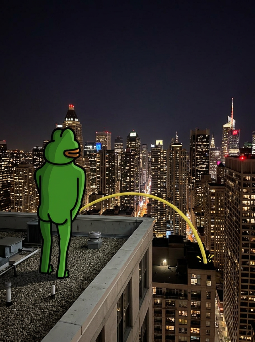 PeePee the cartoon frog on a city rooftop at night