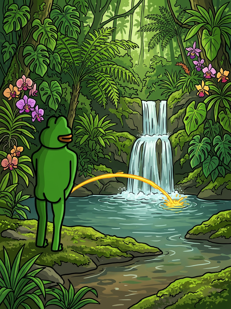PeePee the cartoon frog beside a jungle waterfall