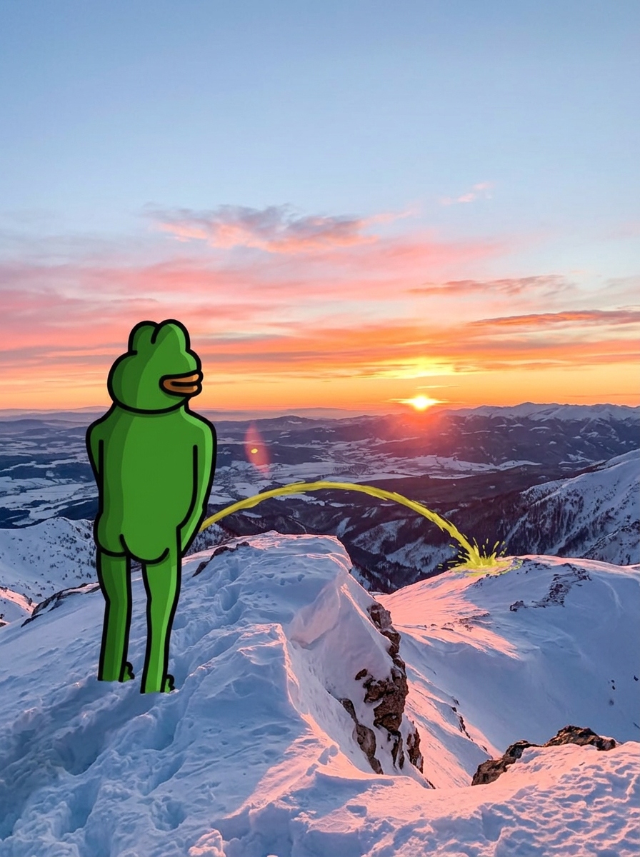 PeePee the cartoon frog on a snowy mountain summit at sunrise